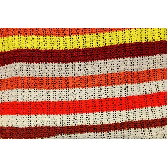 Hand Crochet Horizontal Striped Multicolor Queen Size Blanket Throw Afghan Yello - Picture 3 of 8